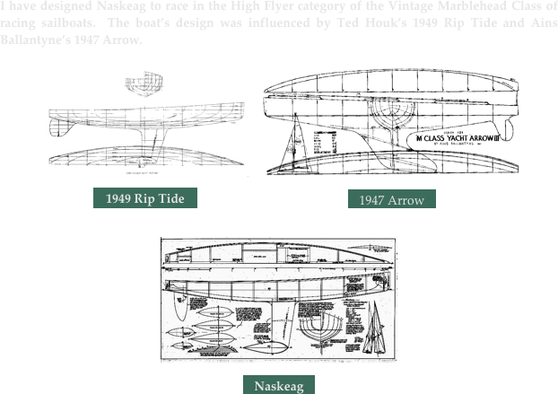 I have designed Naskeag to race in the High Flyer category of the Vintage Marblehead Class of racing sailboats.  The boat’s design was influenced by Ted Houk’s 1949 Rip Tide and Ains Ballantyne’s 1947 Arrow.   
       
                 ￼    ￼
                                  ￼                                                      ￼                              

￼

￼